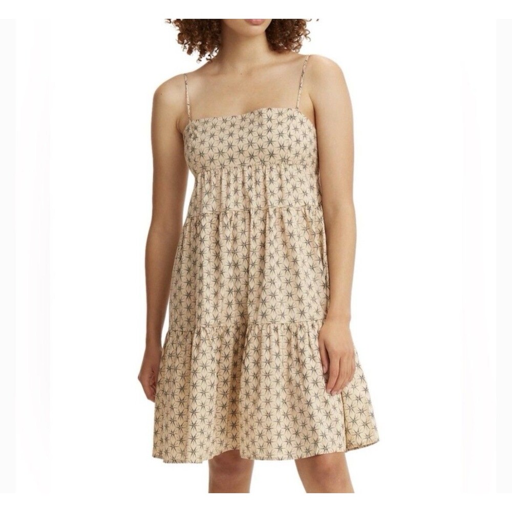 Levi's Women's Tiered Star Print Sleeveless Knee Length Dress Tan Medium Cotton